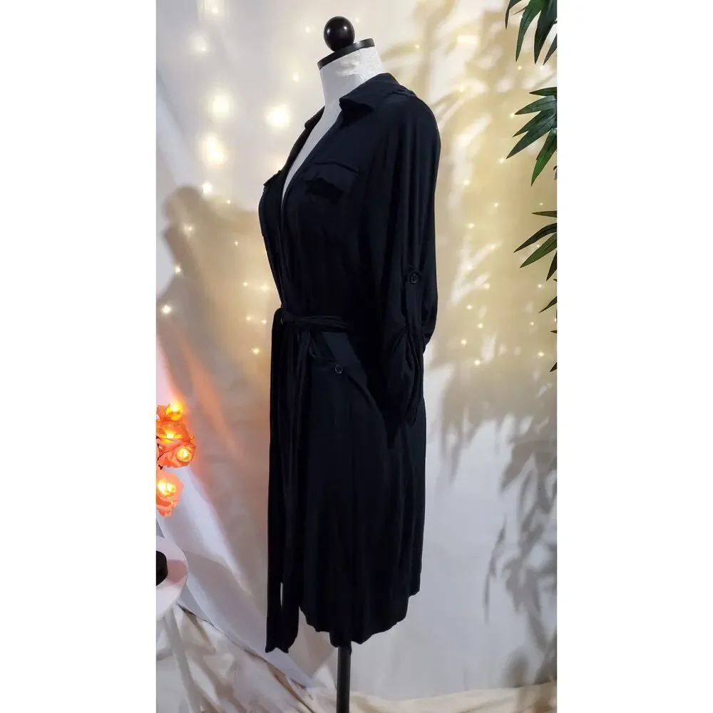 Soft Surroundings Black 3/4 Sleeve Tie Waist Pocket Wrap Dress Womens Size M